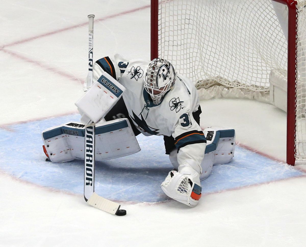 San Jose Sharks goalie Martin Jones goalie Martin Jones (31) protects the goal against the Anaheim Ducks during the first period of Game 1 of an NHL hockey first-round playoff series in Anaheim, Calif., Thursday, April 12, 2018. (Reed Saxon / Associated Press)