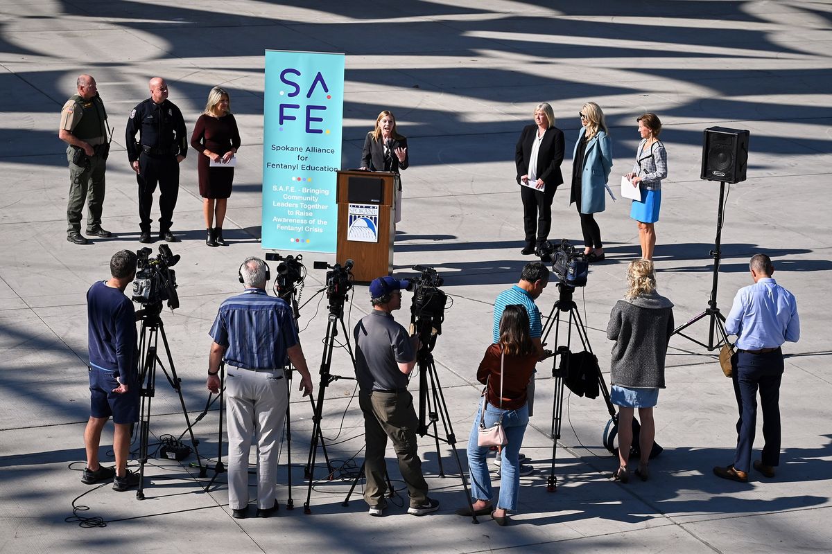 Vanessa Waldref, U.S. Attorney for the Eastern District of Washington, speaks at a news conference Monday announcing the Spokane Alliance for Fentanyl Education Fall Family Fest featuring CMT Music Award-winner Chris Young at the Pavilion in Riverfront Park. The ticketed event will take place there on Oct. 29.  (COLIN MULVANY/THE SPOKESMAN-REVIEW)