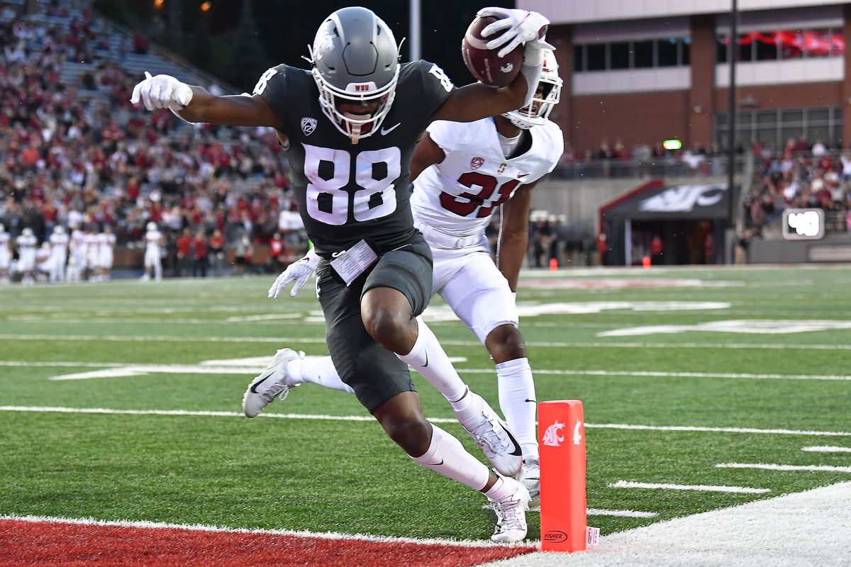 Washington State wide receiver De’Zhaun Stribling stays inbounds for a 10-yard touchdown against Stanford during the second quarter Saturday at Gesa Field in Pullman.  (Tyler Tjomsland/The Spokesman-Review)