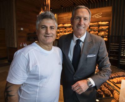 Starbucks Executive Chairman Howard Schultz, shown here at right with Master Milanese baker Rocco Princi, is stepping down June 26 as Starbucks executive chairman and leaving the company’s board of directors. (Tribune News Service)