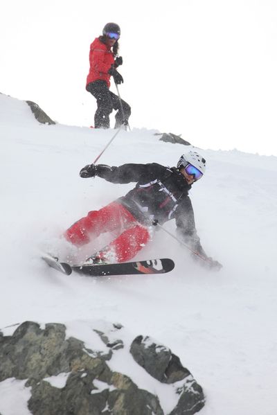 Students take a lesson is skiing the steeps at Whistler Blackcomb.
