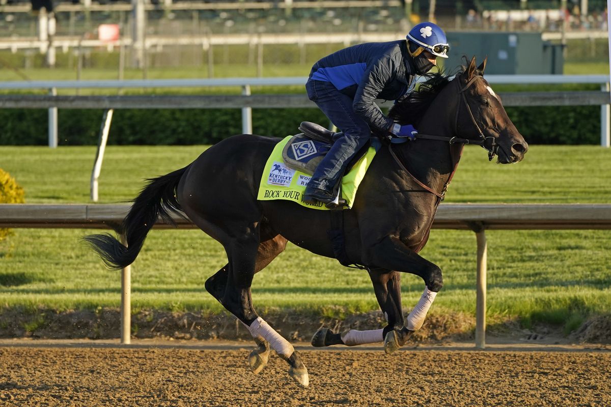 Kentucky Derby hopeful Rock Your World works out at Churchill Downs Tuesday, April 27, 2021, in Louisville, Ky. The 147th running of the Kentucky Derby is scheduled for Saturday, May 1.  (Associated Press)