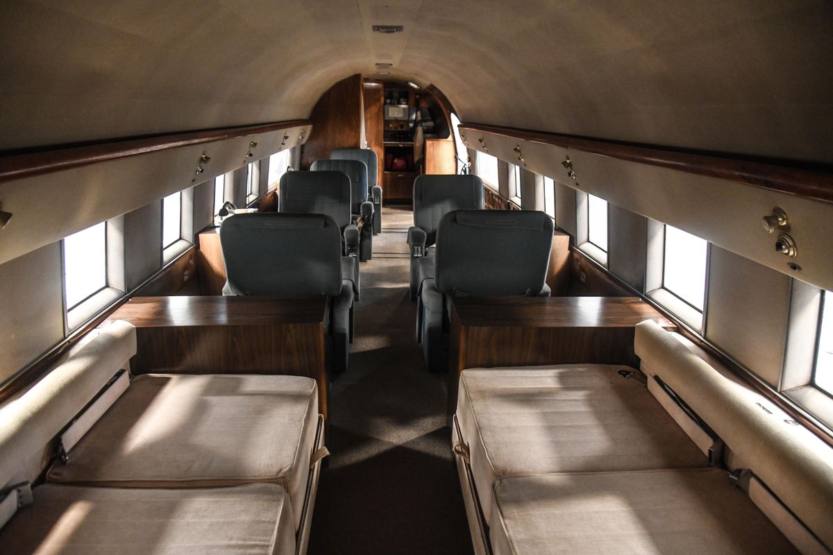 The interior of the Douglas DC-3 on display at the Historic Flight museum, Tuesday, Dec. 17, 2019, at Felts Field. (Dan Pelle / The Spokesman-Review)