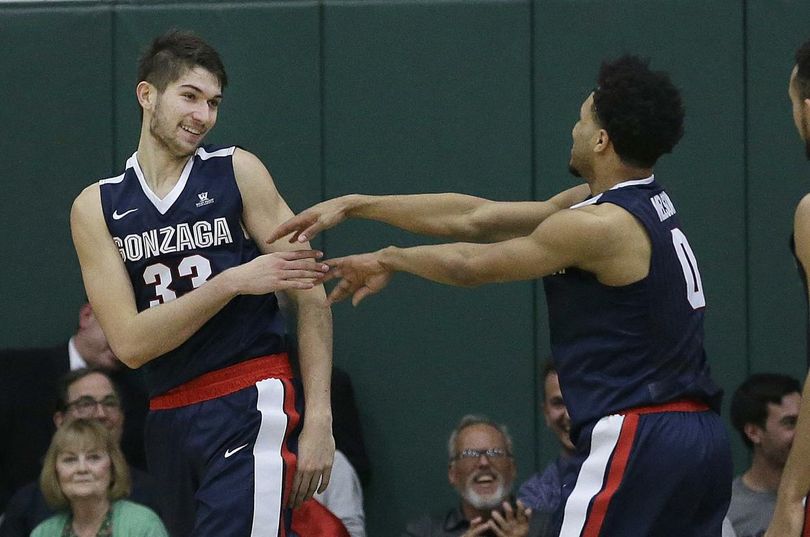 Gonzaga forward Killian Tillie (33) and guard Silas Melson react after Tillie scored against San Francisco during the second half of an NCAA college basketball game in San Francisco, Thursday, Jan. 5, 2017. (Jeff Chiu / Associated Press)