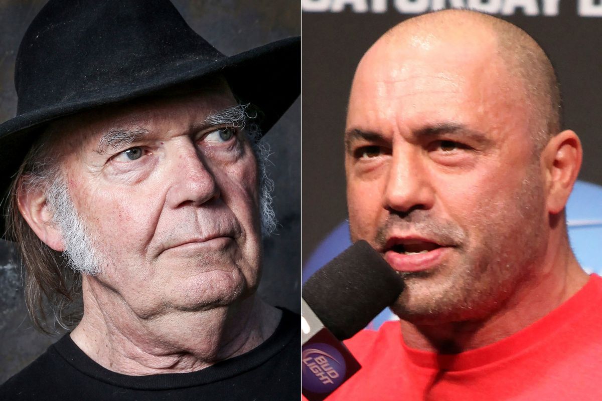 This combination photo shows Neil Young in Calabasas, Calif., on May 18, 2016, left, and UFC announcer and podcaster Joe Rogan before a UFC on FOX 5 event in Seattle, Dec. 7, 2012. Spotify said Sunday, Jan. 30, 2022, that it will add content advisories before podcasts discussing the coronavirus. The move follows protests of the music streaming service that were kicked off by Young over the spread of COVID-19 vaccine misinformation. On Wednesday, Young had his music removed from Spotify after the tech giant declined to remove episodes of “The Joe Rogan Experience,” which has been criticized for spreading virus misinformation.  (STF)