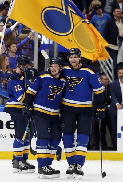 St. Louis Blues’ Colton Parayko, right, and Vladimir Tarasenko celebrate following Game 7 of the team’s NHL second-round hockey playoff series against the Dallas Stars on Tuesday, May 7, 2019, in St. Louis. The Blues won 2-1 in double overtime to take the series. (Jeff Roberson / Associated Press)