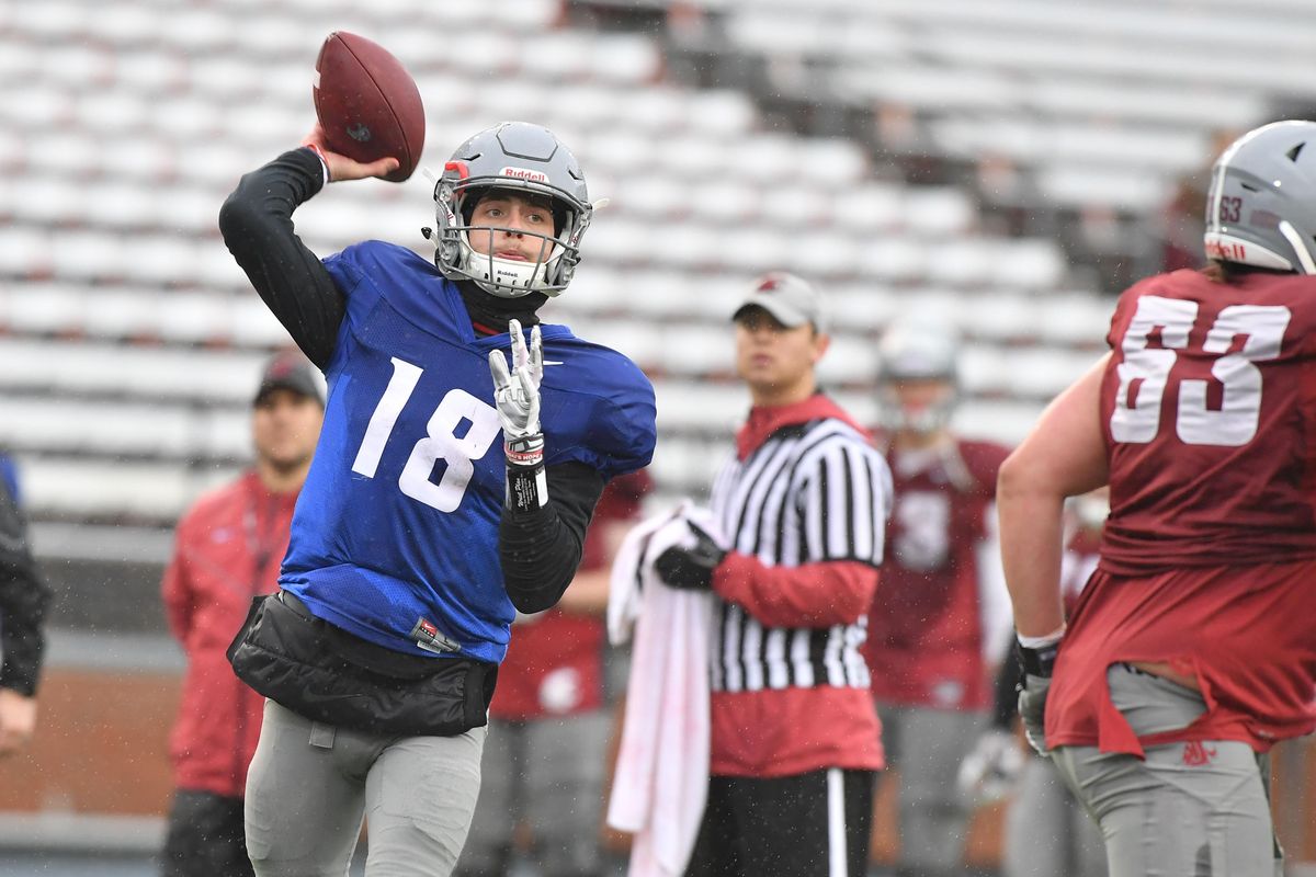 Washington State Cougars quarterback Anthony Gordon (18) throws during a spring practice on Thursday, April 5, 2018, at Martin Stadium in Pullman, Wash. (Tyler Tjomsland / The Spokesman-Review)