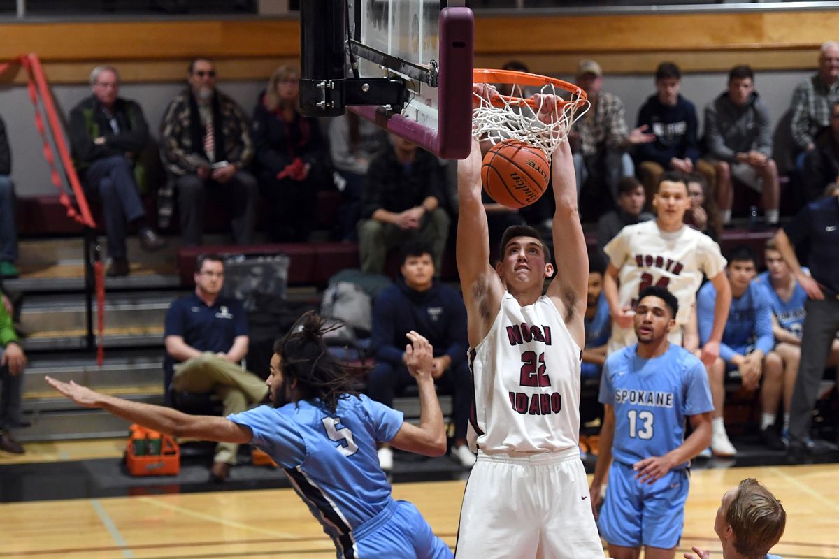 North Idaho College forward Jarod Greene  dunks  against Community Colleges of Spokane on Wed., Feb. 20, 2019, in Coeur d’Alene. (Colin Mulvany / The Spokesman-Review)