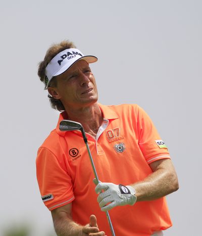 Bernhard Langer watches his drive on the ninth hole during the third round. (Associated Press)