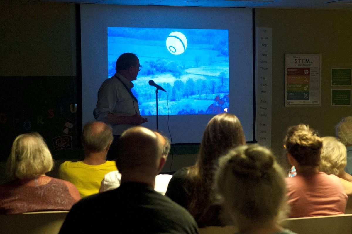 Peter Davenport, director of the National UFO Reporting Center talks about seeing a UFO at a drive-in when he was a child during a meeting of MUFON (Mutual UFO Network) at Spokane Valley Library on Saturday, August 10, 2019. Kathy Plonka/THE SPOKESMAN-REVIEW (Kathy Plonka / The Spokesman-Review)
