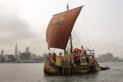 
Abora III, a boat made of reeds and wooden planks,  sails in the Hudson River   as it embarks on a journey from New York to  Spain on Wednesday. Associated Press
 (Associated Press / The Spokesman-Review)