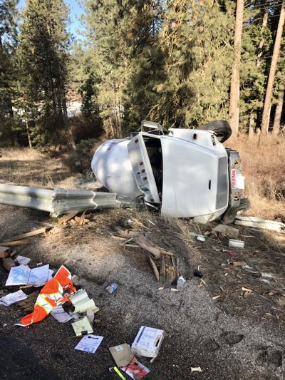 Washington State Patrol trooper and spokesman Jeff Sevigney tweeted an image of the semi rollover crash that led to a propane tank leak Saturday.  (Jeff Sevigney)