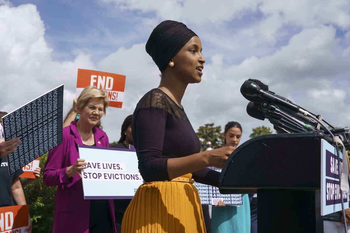FILE - In this Sept. 21, 2021, file photo Rep. Ilhan Omar, D-Minn., joined at left by Sen. Elizabeth Warren, D-Mass., and Rep. Alexandria Ocasio-Cortez, D-N.Y., right, speaks about the Keeping Renters Safe Act of 2021, at the Capitol in Washington.  (J. Scott Applewhite)