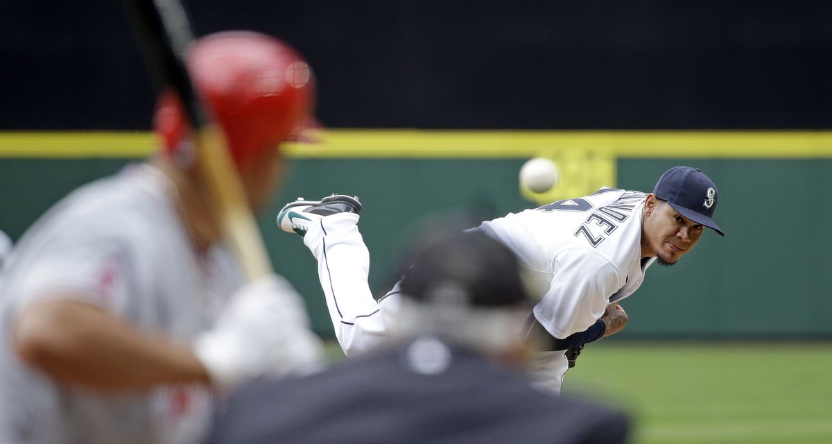 Seattle pitcher Felix Hernandez was dominant in his sixth Opening Day victory, a 4-1 decision over the Los Angeles Angels – seven innings, one run, two hits, 10 strike outs. (Associated Press)