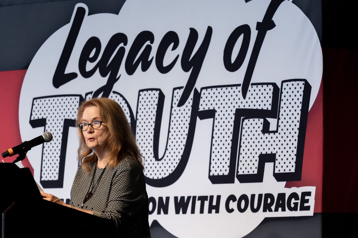 Karen Dorn Steele talks about investigative reporter Bill Morlin at the Murrow Symposium on Wednesday at the Compton Union Building in Pullman, Wash. Morlin, who died in 2021, worked for newspapers in Spokane for four decades.  (Geoff Crimmins/For The Spokesman-Review)