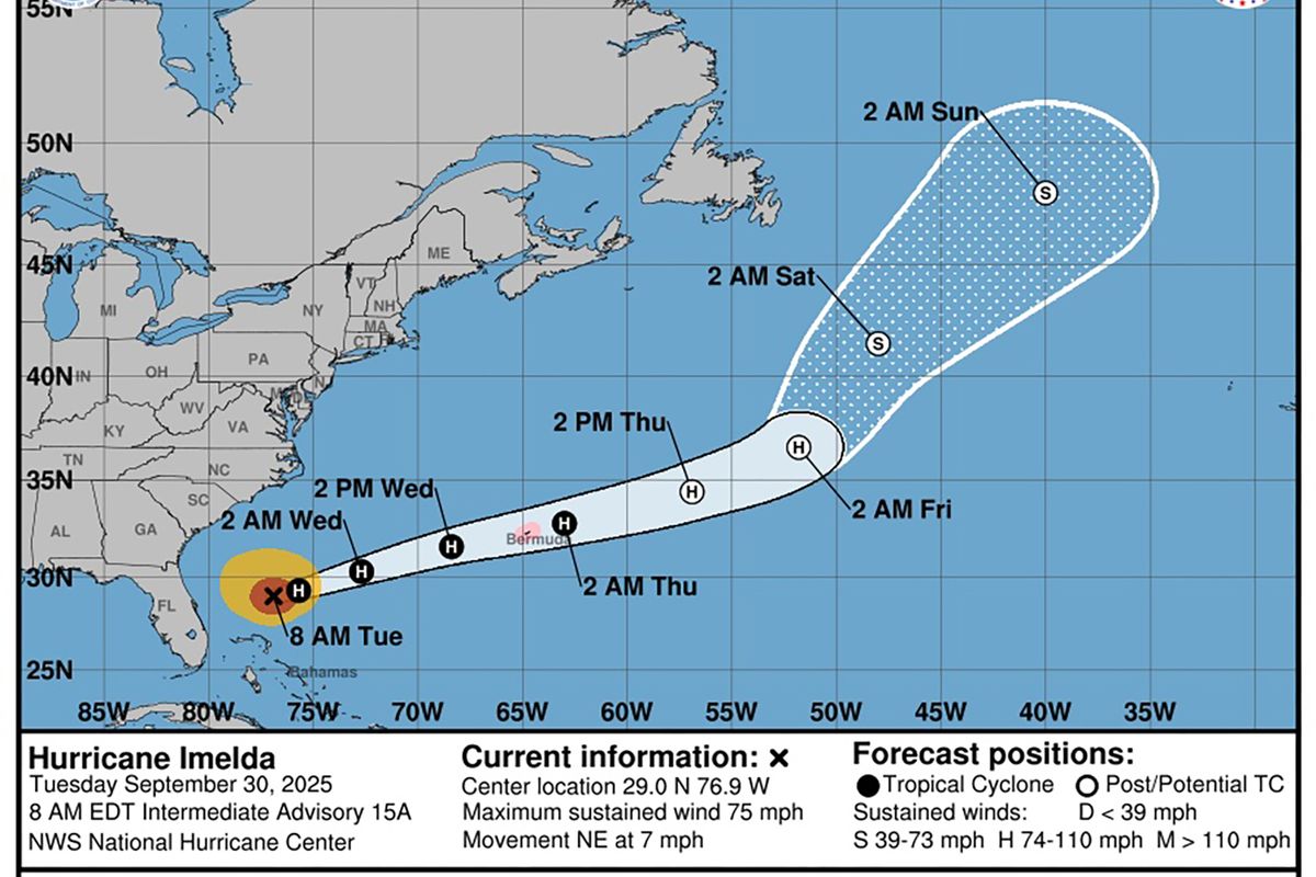 Hurricane Imelda forecast path as of 8 a.m. Eastern time Tuesday, Sept. 30, 2025. (National Hurricane Center/TNS)