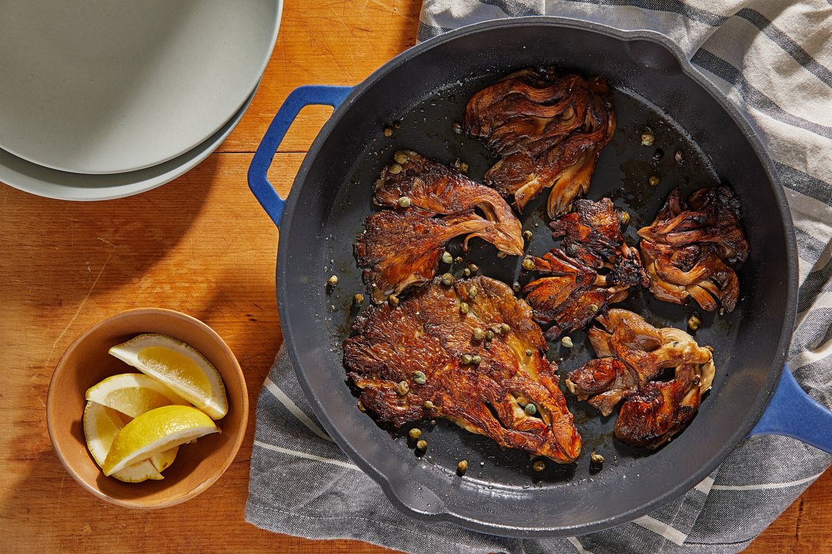 These Salt and Pepper Brick Mushrooms are topped with lemon.  (Tom McCorkle for The Washington Post)