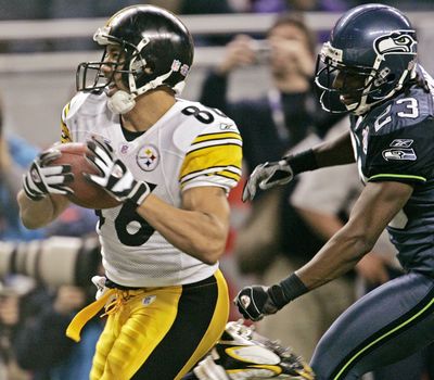Marcus Trufant, right, is one of two Seattle Seahawks left from the Super Bowl XL team, which fell to the Pittsburgh Steelers and receiver Hines Ward, left. (Associated Press)