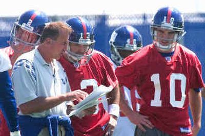 
Offensive coordinator John Hufnagel goes over plays with Warner (13) and Manning (10).
 (Associated Press / The Spokesman-Review)