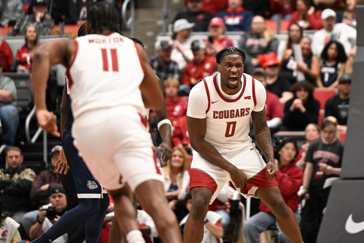 Washington State forward Emmanuel Ugbo cheers during a West Coast Conference game against Gonzaga on Thursday at Beasley Coliseum in Pullman.  (Tyler Tjomsland/The Spokesman-Review)