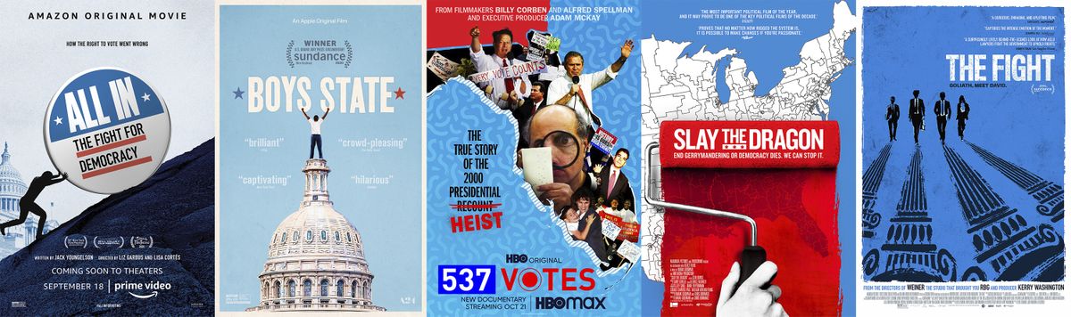 This combination photo shows poster art for political documentaries, from left, "All In: The Fight for Democracy," "Boys State," "537 Votes," "Slay the Dragon," and "The Fight." The election has unleashed an avalanche of documentaries like no season before it. Dozens of films, exploring issues from gerrymandering to white supremacists, have sought to illuminate the many issues and trends voters are confronting at the polls on Tuesday. In a presidential election of enormous stakes, filmmakers have rushed to finish their films before Election Day.  (HONS)