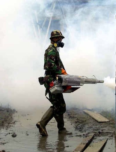 
An Indonesian soldier fumigates against mosquitoes in a tsunami-devastated area of Banda Aceh. 
 (Knight Ridder / The Spokesman-Review)