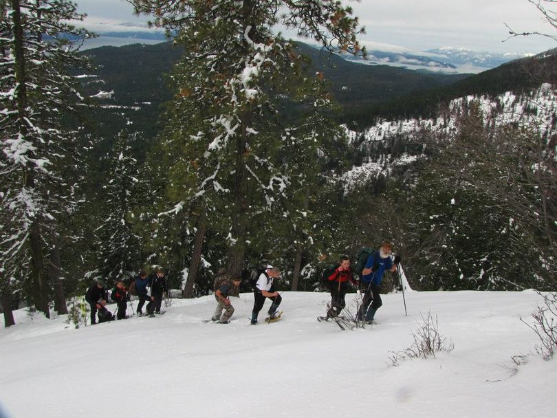 With Lake Pend Oreille below, snowshoers head up Goat Peak in the proposed Scotchman Peaks Wilderness. (Friends of the Scotchman Peaks Wilderness)