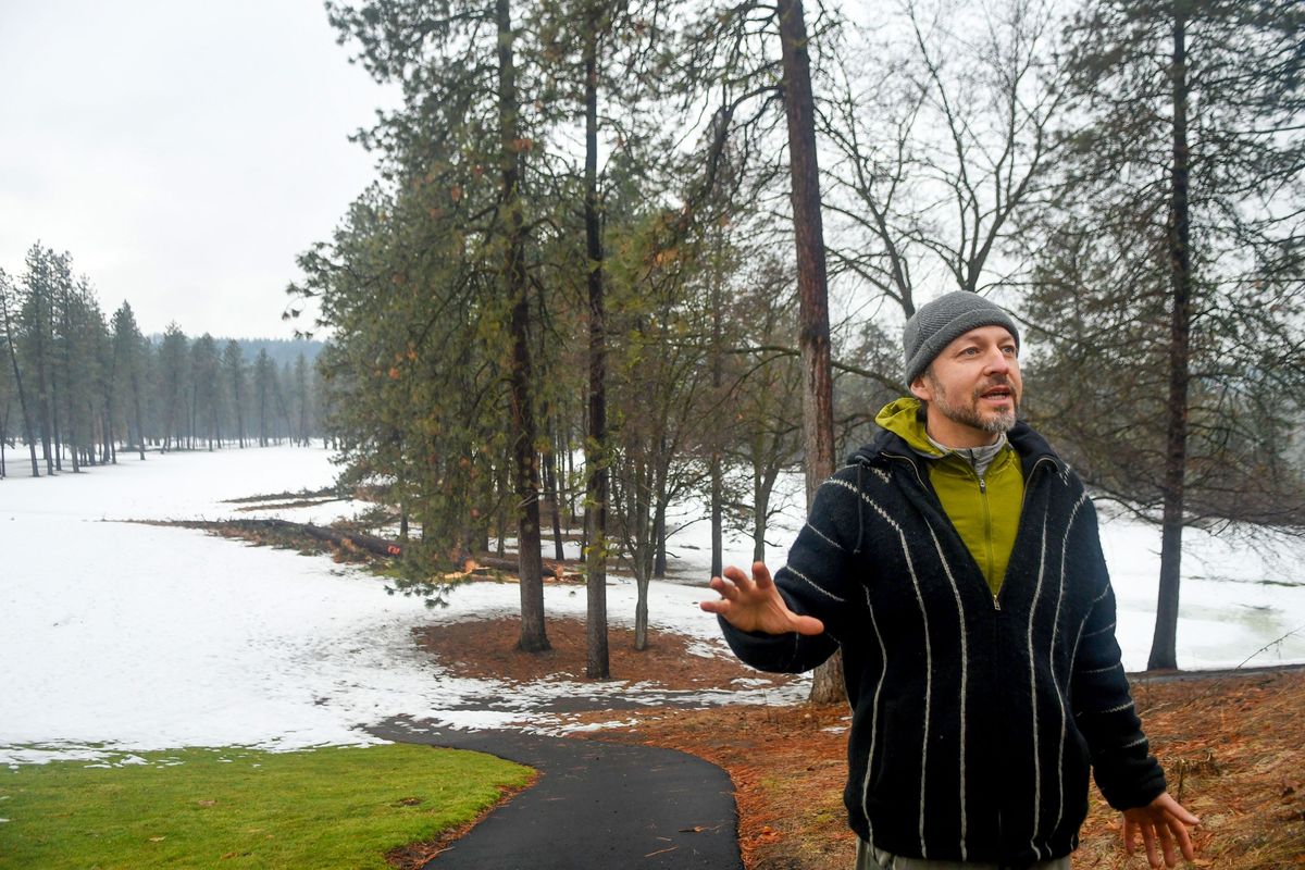 Kelly Chadwick of Spirit Pruners talks Friday about the beetle-infested trees that are marked for removal at Downriver Golf Course in Spokane.  (KATHY PLONKA/THE SPOKESMAN-REVIE)