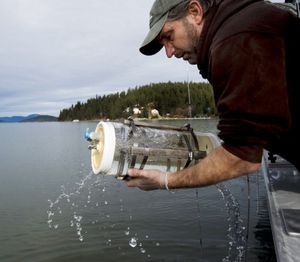 In this Tyler Tjomsland SR photo, Bob Witherow, a technician with the Idaho Department of Environmental Quality, pulls a Kemmerer water sampler from the waters of Lake Coeur d'Alene on Feb. 12. Lake Coeur d'Alene is more polluted than the Animas River, according to a High Country News report. (Tyler Tjomsland / Spokesman-Review)