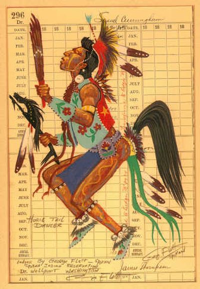 
The work of ledger artist George Flett is on display at the Native American Art Show and Sale at the North Idhao Museum. Ledger art is a traditional Indian art form, which began when Plains Indian warriors obtained ledgers through trade or by force, and drew upon them pictographic representations of sacred visions and heroic actions. Photo courtesy of George Flett
 (Photo courtesy of George Flett / The Spokesman-Review)