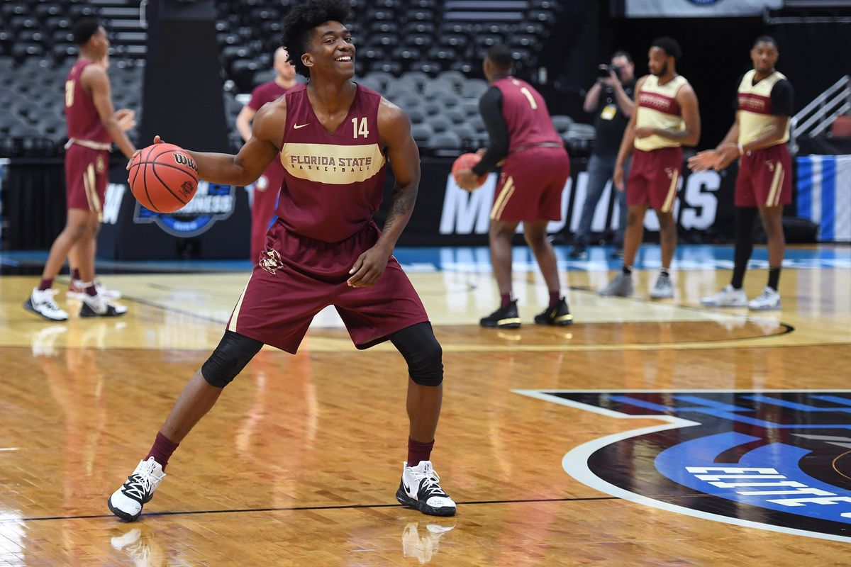Florida State guard Terance Mann (14) works on a dribbling drill during the Florida State practice at the Honda Center in Anaheim, Calif., Wed., March 27, 2019. (Colin Mulvany / The Spokesman-Review)
