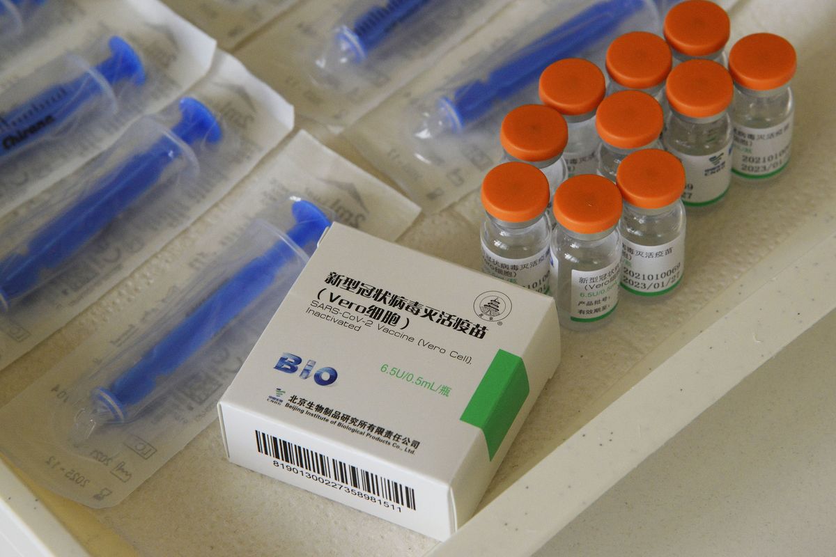 Vials of COVID-19 vaccines produced by Chinese Sinopharm in the office of general practitioner Gyorgy Teleki in Taplanszentkereszt, Hungary, Thursday, April 1, 2021, as the national vaccination campaign against the new coronavirus continues in the country.  (Istvan Filep)