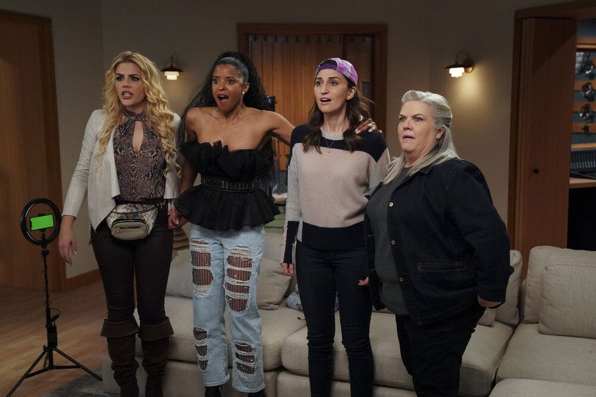 Busy Philipps, Renée Elise Goldsberry, Sara Bareilles and Paula Pell in "Girls5eva." (Heidi Gutman/Peacock)