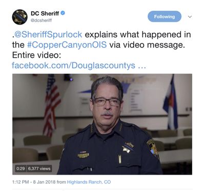 In this frame grab from a Monday, Jan. 8, 2018, video on the Twitter feed of the Douglas County, Colo., Sheriffs Department, Sheriff Tony Spurlock speaks to subscribers to explain the incident in which a deputy was gunned down responding to a call on Sunday, Dec. 31, 2017. The high-profile case illustrates how law enforcement agencies are increasingly lockstep in their approach to controlling the narrative after incidents. (HO / AP)