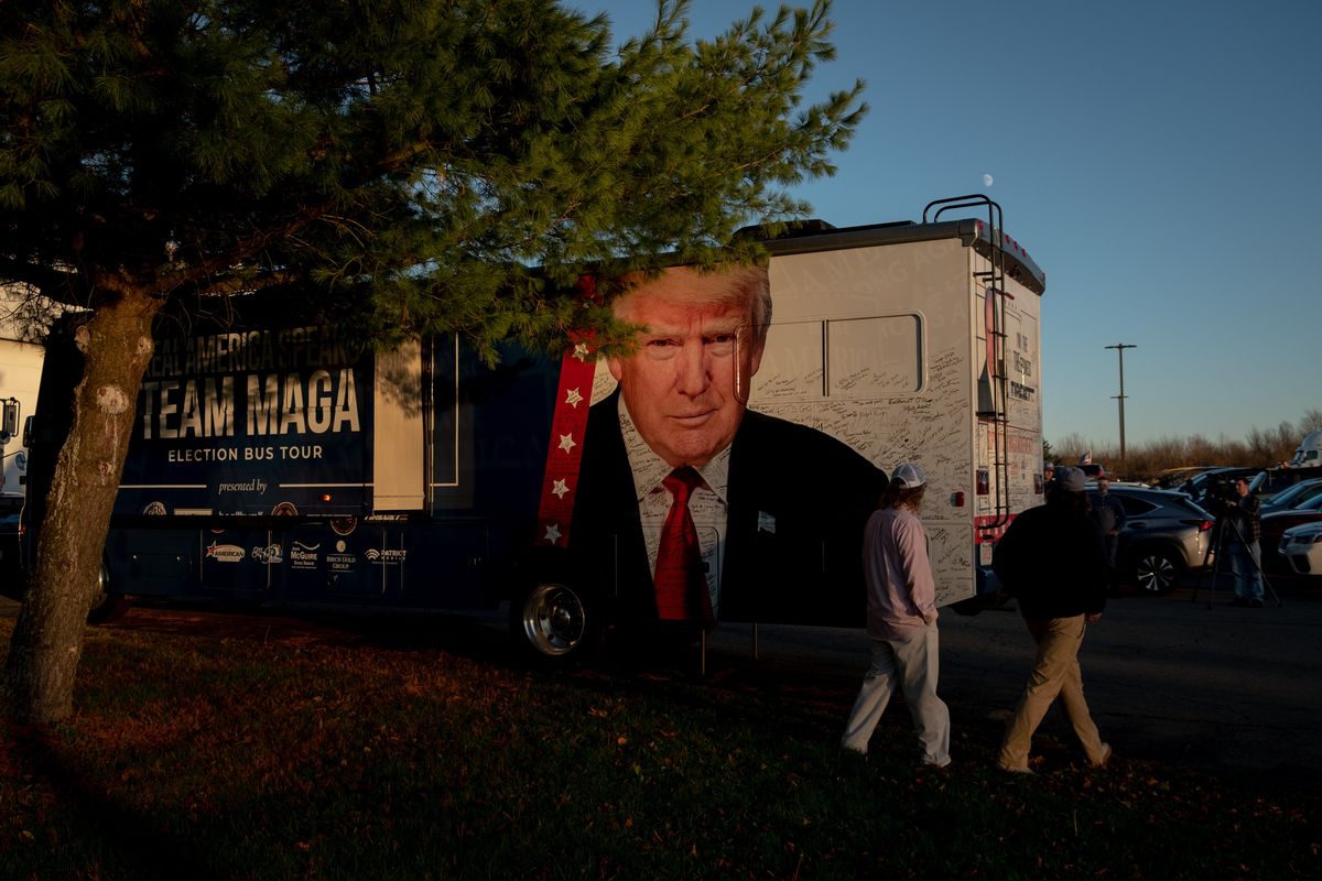 A bus for former President Donald Trump at a rally for Republican candidate for Pennsylvania Senator, Dr. Mehmet Oz, in South Abington Township, Pa., on Nov. 3, 2022. As the midterms come to a close, the establishment politics of the two most recent Democratic presidents will meet the disruptive force of the last Republican one, with control of Congress at stake. (Hilary Swift/The New York Times) (HILARY SWIFT)