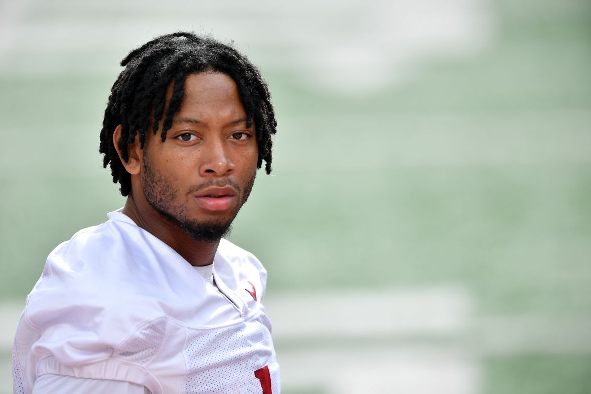 Washington State Cougars defensive back Stephen Hall (1) listens to a coach during a fall camp practice on Wednesday, Aug. 9, 2023, at Martin Stadium in Pullman, Wash.  (Tyler Tjomsland/The Spokesman-Review)