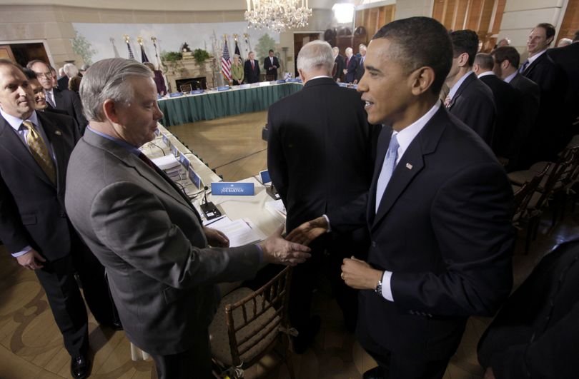 President Barack Obama  shakes hands with Rep. Joe Barton, R-Texas, in the Blair House across the street from the White House in Washington, Thursday, Feb. 25, 2010, prior to the start of the bipartisan health care reform meeting. (Pablo Monsivais / Associated Press)