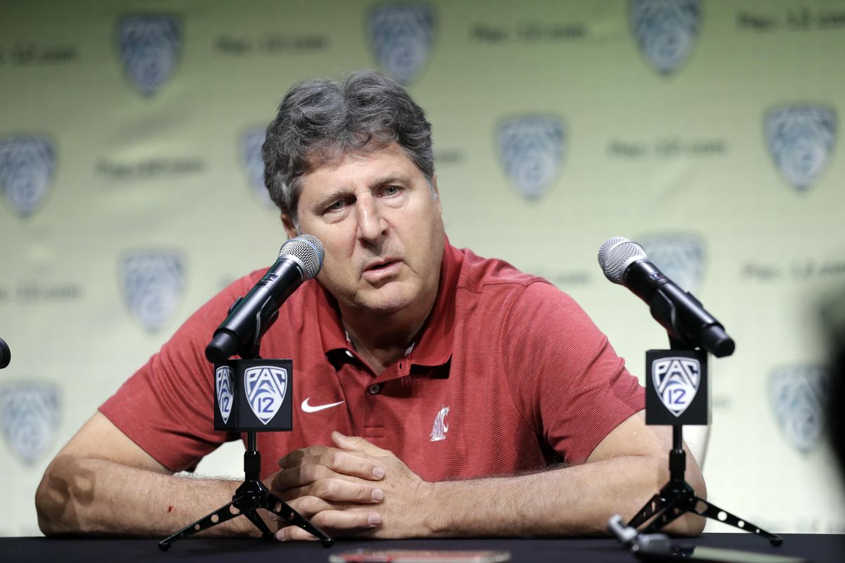 Washington State head coach Mike Leach answers questions during the Pac-12 Conference NCAA college football Media Day Wednesday, July 24, 2019, in Los Angeles. (Marcio Jose Sanchez / AP)
