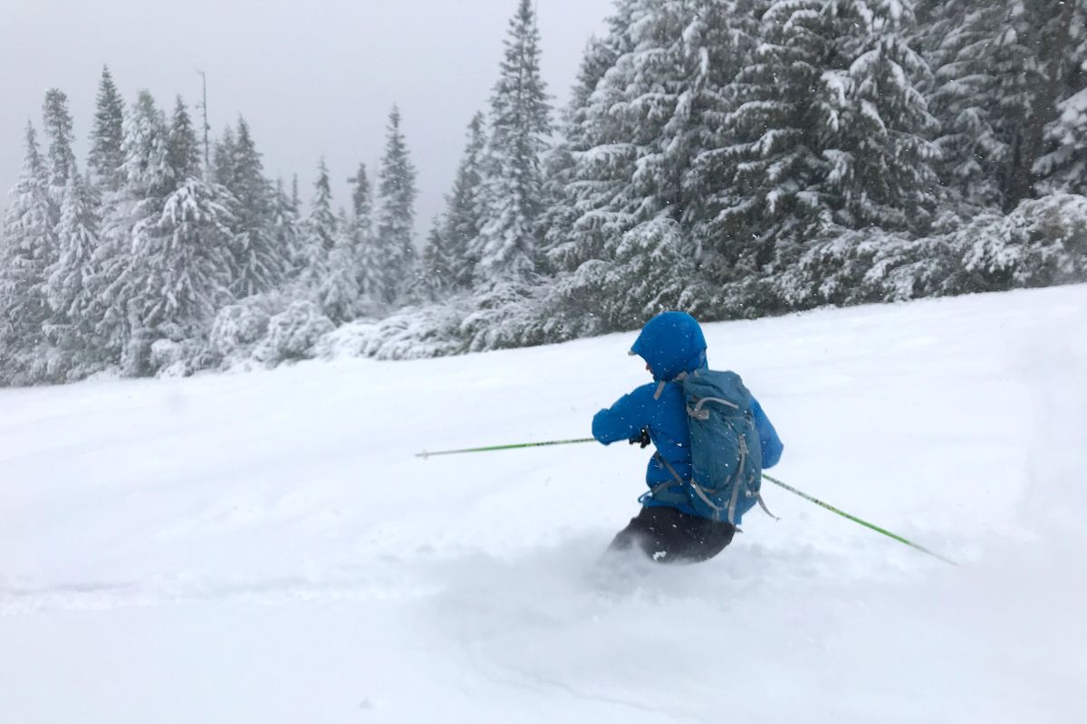 Mike Brede skis at 49 Degrees North on Sunday Sept. 29, 2019. A rare September snow storm deposited six inches at the summit. (Brandon Byquist / COURTESY)