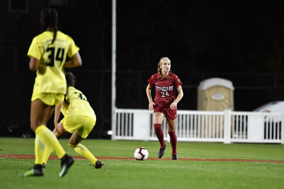 Washington State versus Oregon during the second half of the No. 8 Cougars 2-1 win over the Ducks in a Pac 12 NCAA college soccer game Thursday, Sept. 27, 2018 at Lower Soccer Field in Pullman, Wash. (Dean Hare / Washington State Photo Services)