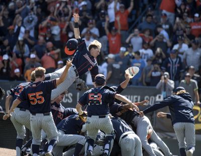 Cal State Fullerton celebrates a win over Long Beach State during the final game of the NCAA college baseball tournament super regional in Long Beach, Calif., Sunday, June 11, 2017. (Kyusung Gong Kyusung Gong / Associated Press)
