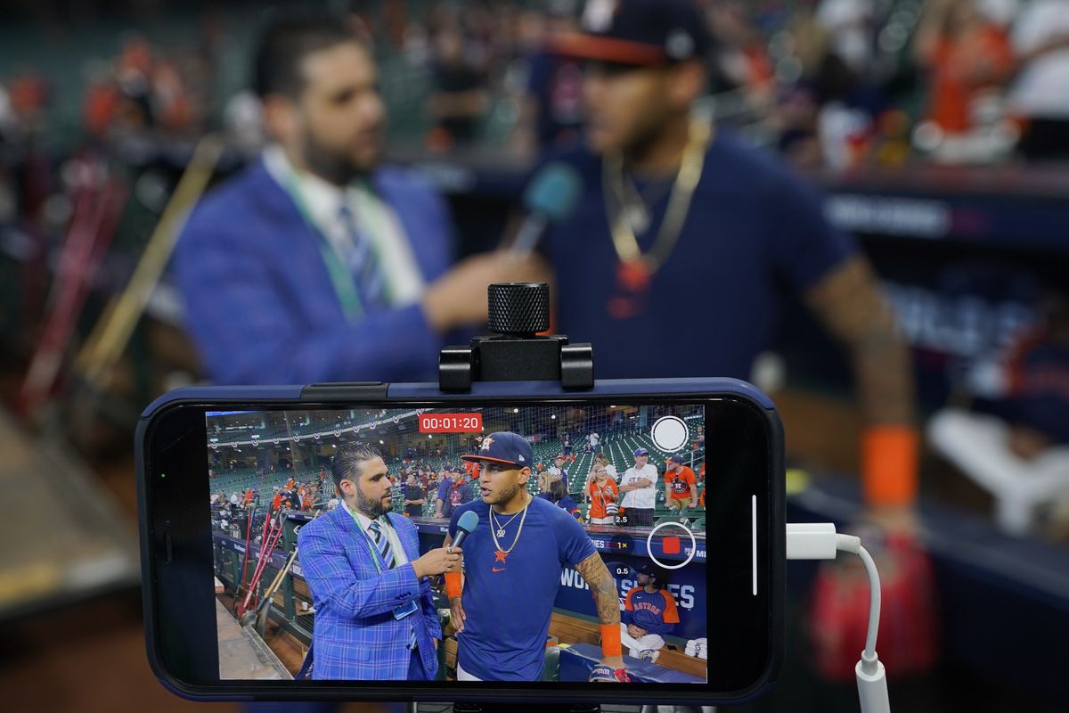 Houston Astros center fielder Jose Siri is interviewed during batting practice before Game 2 of baseball