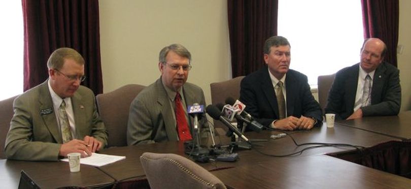 House GOP leaders Rep. Ken Roberts, Speaker Lawerence Denney, Rep. Scott Bedke and Rep. Mike Moyle speak at a press conference after meeting with Gov. Butch Otter on Tuesday, not long after the House killed the governor's transportation bill. (Betsy Russell / The Spokesman-Review)