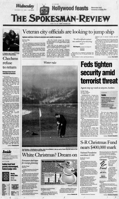 Dec. 22, 1999 --  White Christmas? Dream on. Forecasters dash hopes for treetops glistening. A white Christmas in the Inland Northwest is more dream than reality. Weather records since 1881 show that only one in three Christmases has been truly white in Spokane. An inch or more of snow was on the ground on Dec. 25 in only 40 of the last 118 years, according to a National Weather Service computer analysis. 