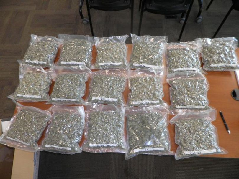 These 10 pounds of marijuana were seized during a traffic stop near Bend, Ore., March 7. Marcus George Heidenreich, 30, of Coeur d'Alene, was arrested.
 (Oregon State Police)