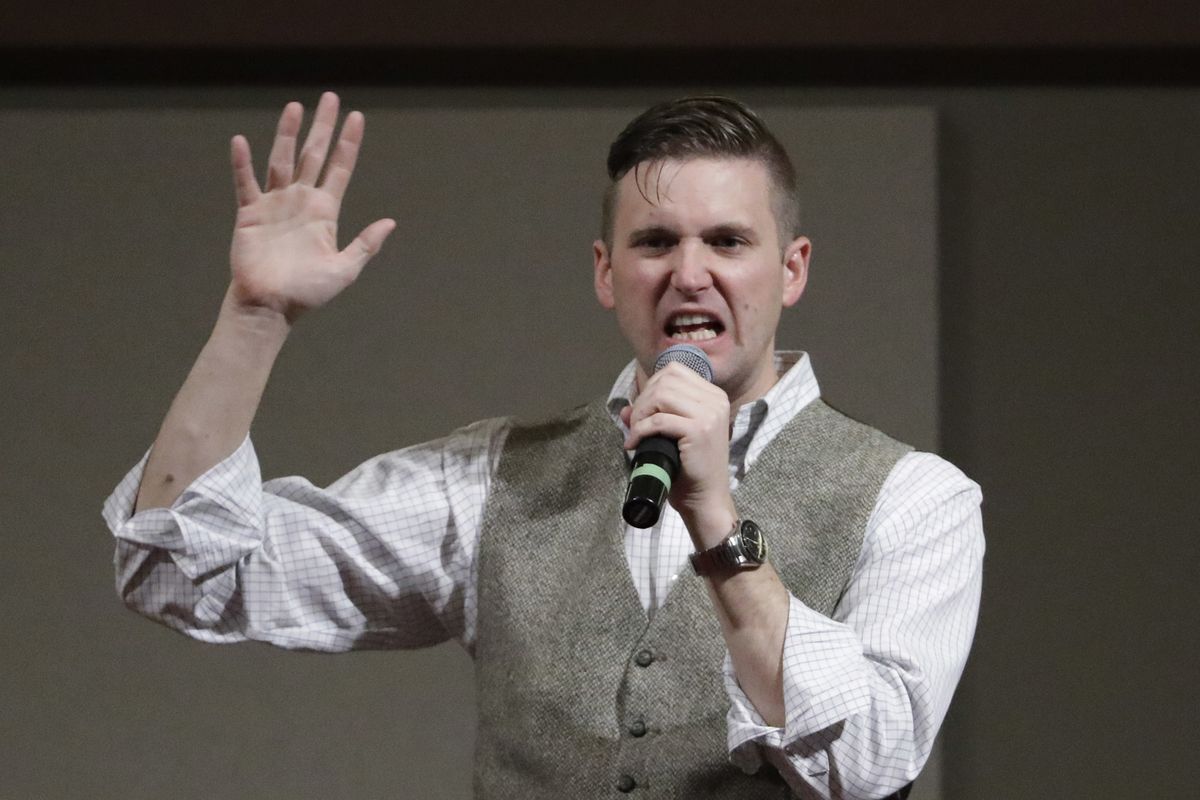 FILE - In this Dec. 6, 2016, file photo, Richard Spencer, who leads a movement that mixes racism, white nationalism and populism, speaks at the Texas A&M University campus in College Station, Texas. A trial is beginning in Charlottesville, Virginia to determine whether white nationalists who planned the so-called “Unite the Right” rally will be held civilly responsible for the violence that erupted.  (David J. Phillip)