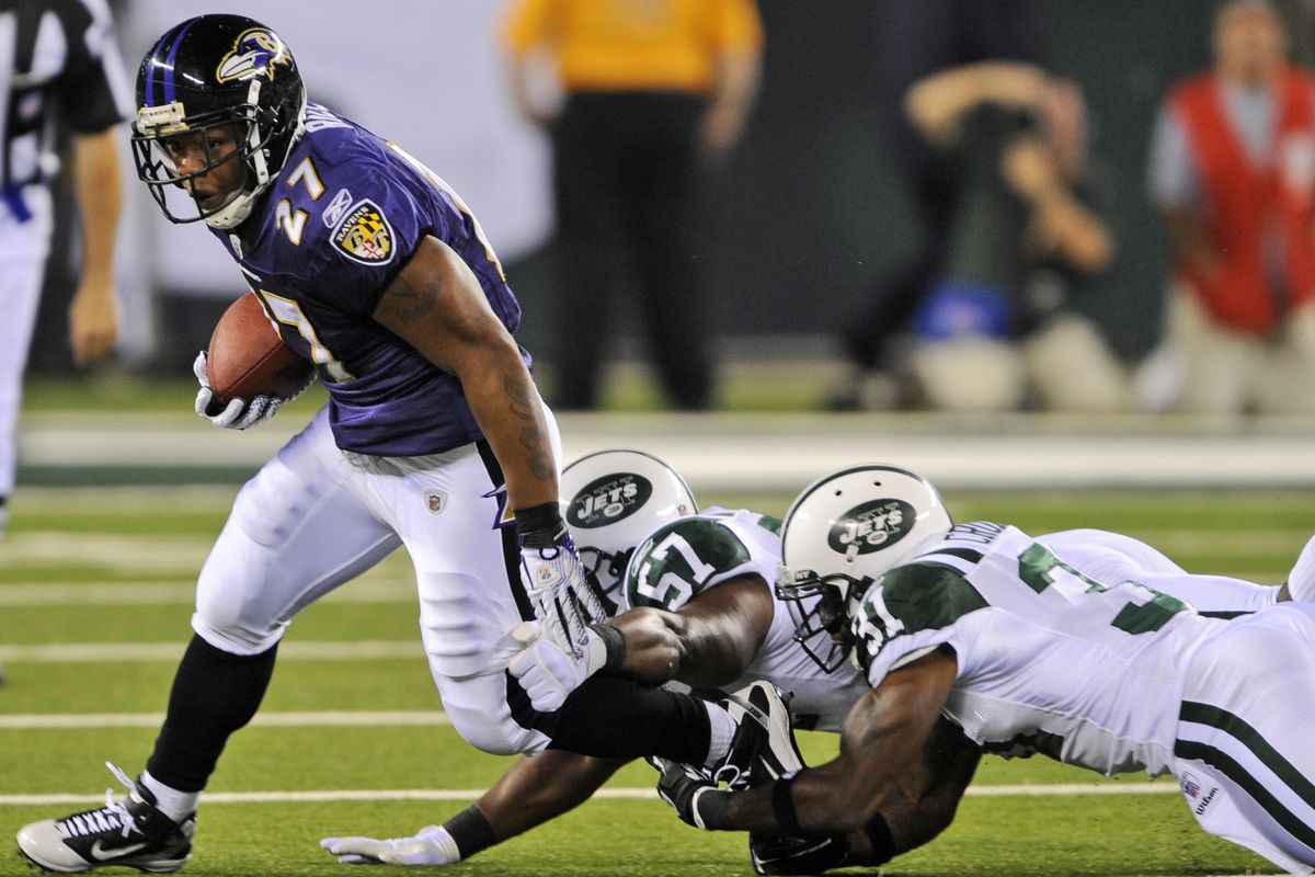 After some pregame smack talk, Ray Rice helped the Ravens wiggle past the Jets on Monday night. (Associated Press)