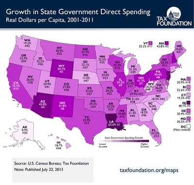 Map from the tax foundation shows growth in state spending between 2001 and 2011. (Tax Foundation)