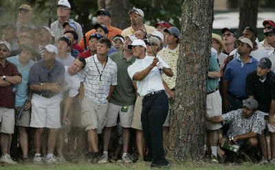 
Fans watch the flight of the ball as Tiger Woods hits to the 18th hole during Saturday's third round of the U.S. Open at Pinehurst No. 2. 
 (Associated Press / The Spokesman-Review)