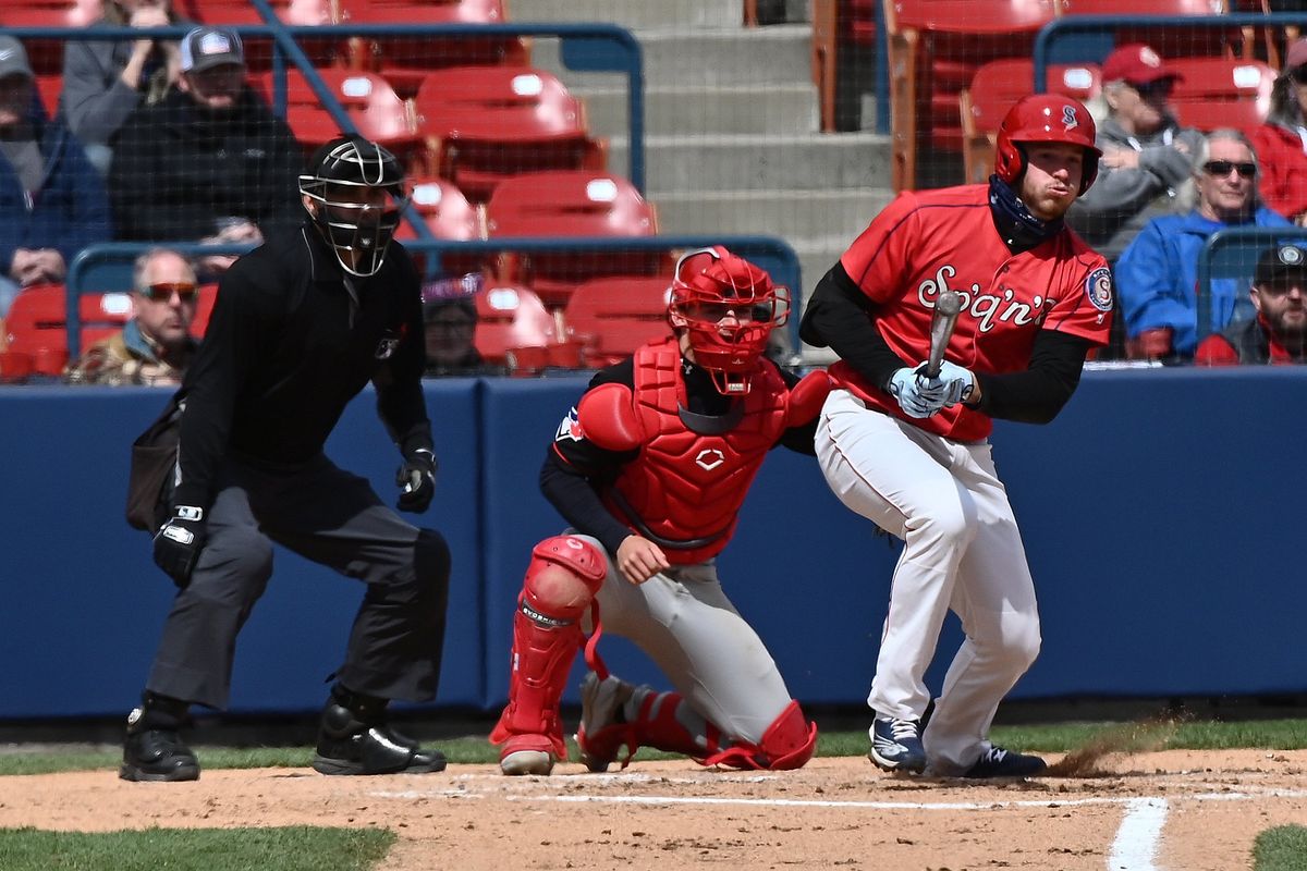 Spokane Indians infielder Grant Lavigne (24) gets a base hits during a Northwest League baseball game against the Vancouver Canadians at Avista Stadium on Sun, April. 10, 2022 in Spokane WA.   (James Snook/For The Spokesman-Review)